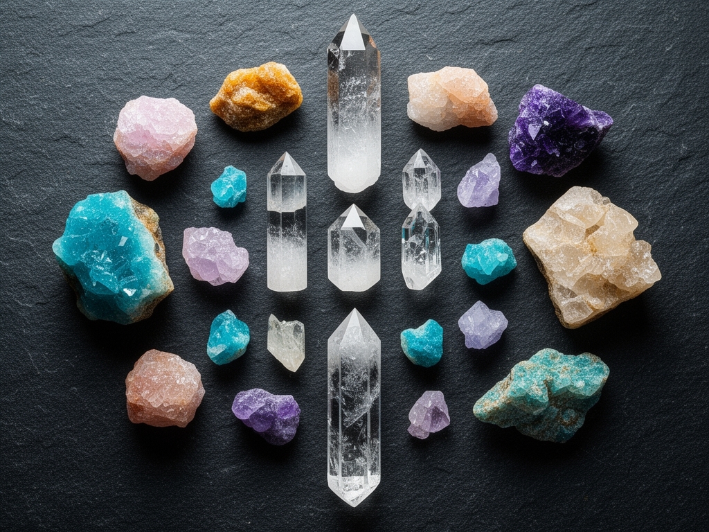 Pohled shora na různobarevné přírodní minerály a krystaly uspořádané symetricky na tmavém kamenném podkladu, geologická kompozice