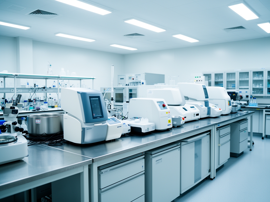 Vědecká laboratoř s moderními analytickými přístroji – řada centrifug a spektrometrů na nerezových pracovních stolech, čisté sterilní prostředí s fluorescenčním osvětlením