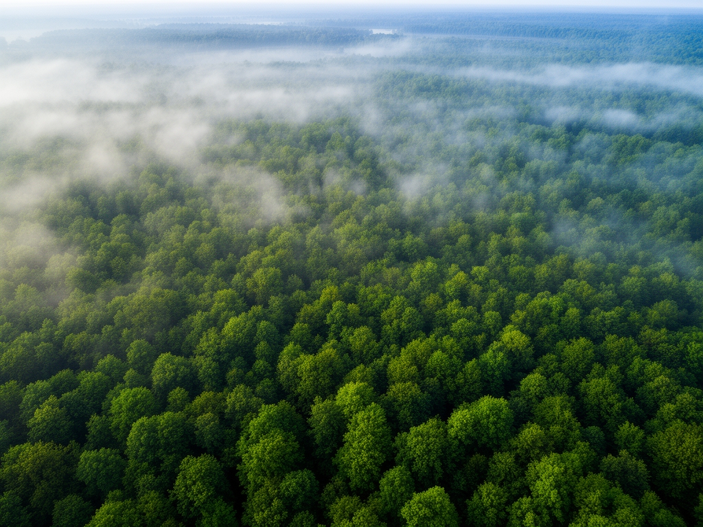 Letecký pohled na hustý zelený les s ranní mlhou prostupující korunami stromů, přírodní atmosféra plná ticha a biologie