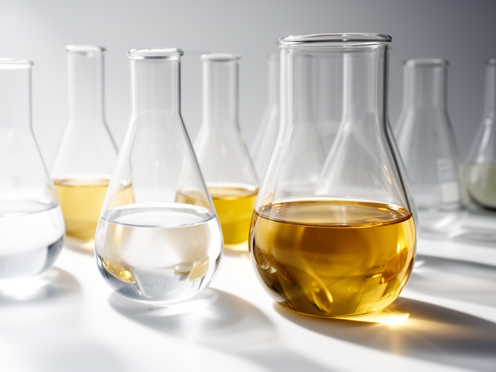 Abstraktní vědecký pohled na průhledné laboratorní baňky s čirými a zlatými tekutinami, čistá bílá laboratoř, dramatické postranní osvětlení