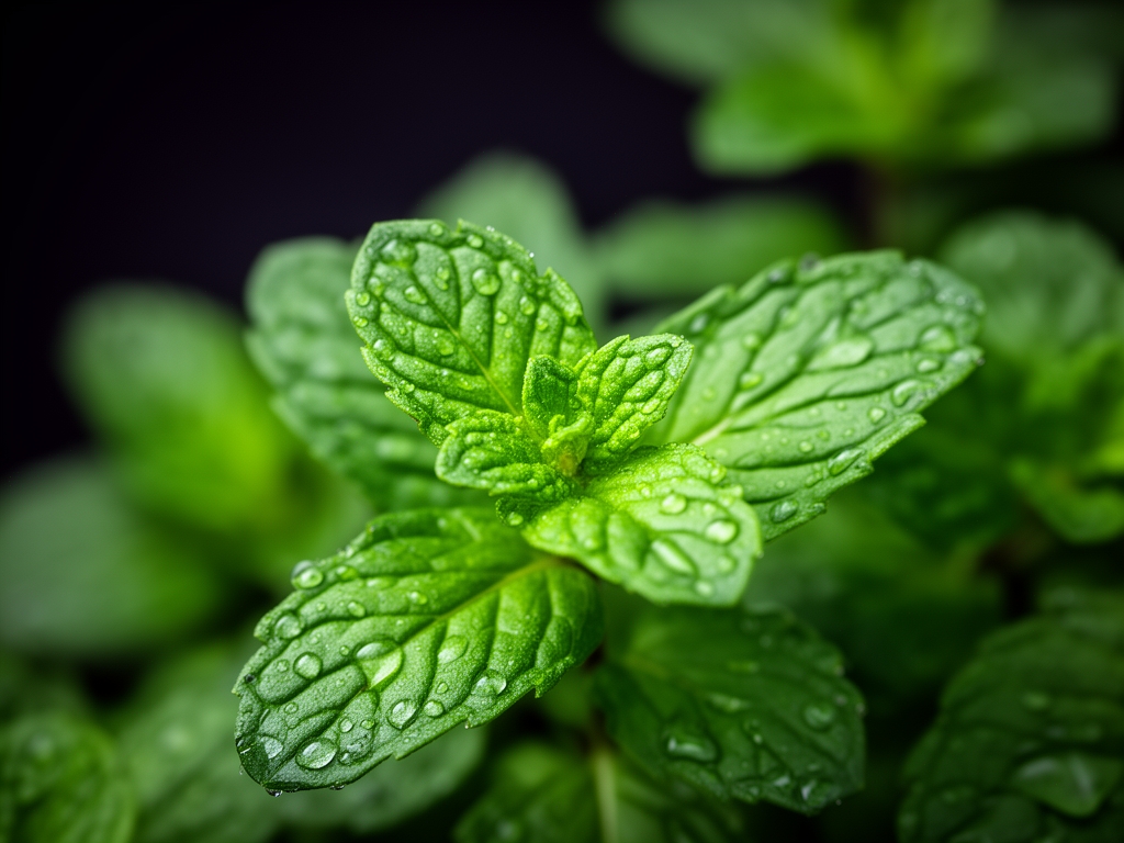 Botanická makrofotografie čerstvých zeleně sfarbených listů mátových rostlin s kapkami vody, tmavé pozadí s přirozeným světlem