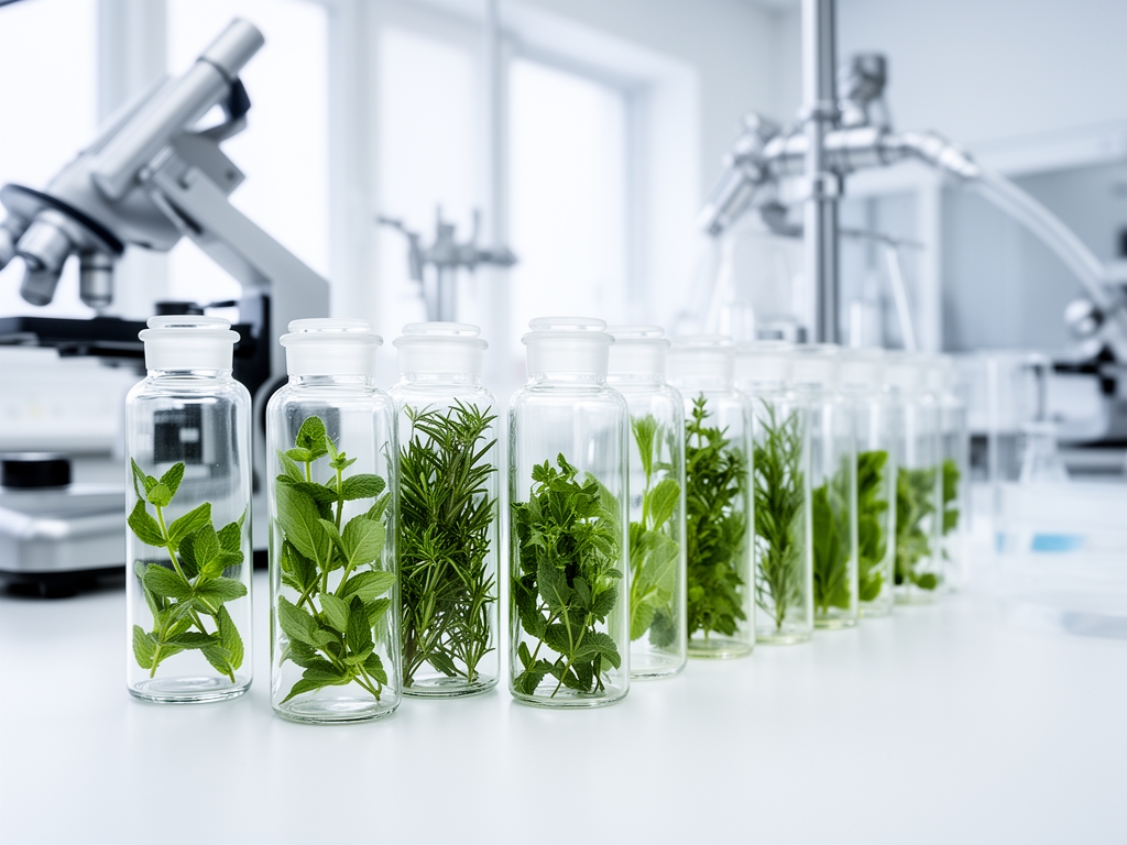 Vědecká laboratoř s řadou skleněných lahviček s bylinkovými extrakty, čisté bílé prostředí, stříbrné laboratorní vybavení, přirozené studené světlo