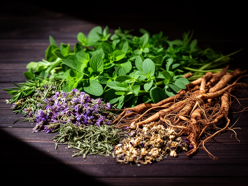 Makroznímek rozmanitých přírodních bylinek a rostlinných extraktů — zelené listy, sušené kvítky a kořeny na tmavém dřevěném povrchu s dramatickým kříženým osvětlením