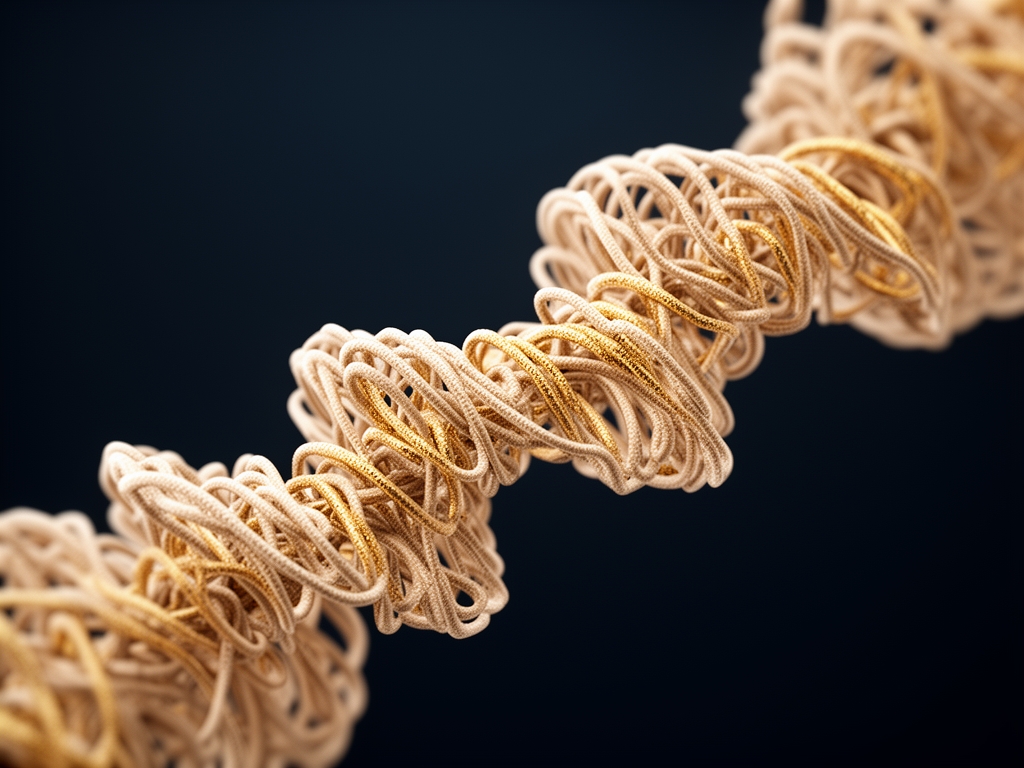 Abstraktní makroznímek trojitých šroubovicových vláken v přírodním béžovo-zlatém tónu na tmavém pozadí, vizualizace struktury kolagenní bílkoviny