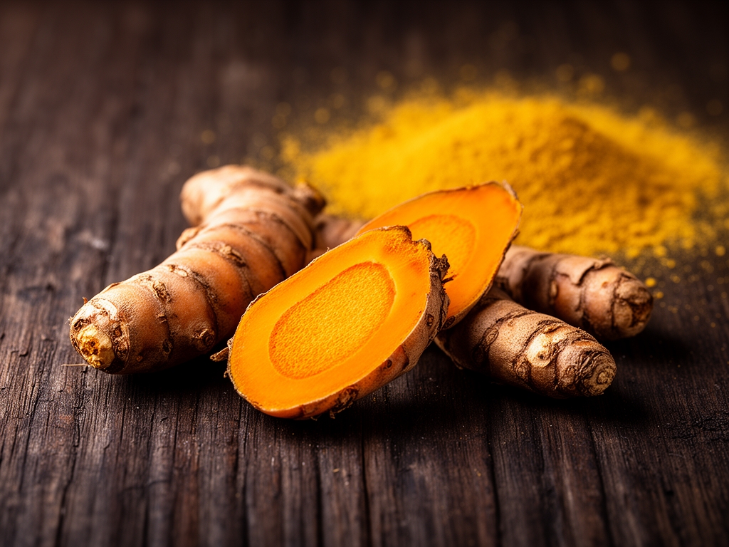 Celé a rozpůlené kurkumové kořeny na rustikálním tmavém dřevěném povrchu, záblesk zlaté prášku v pozadí, teplé přirozené světlo