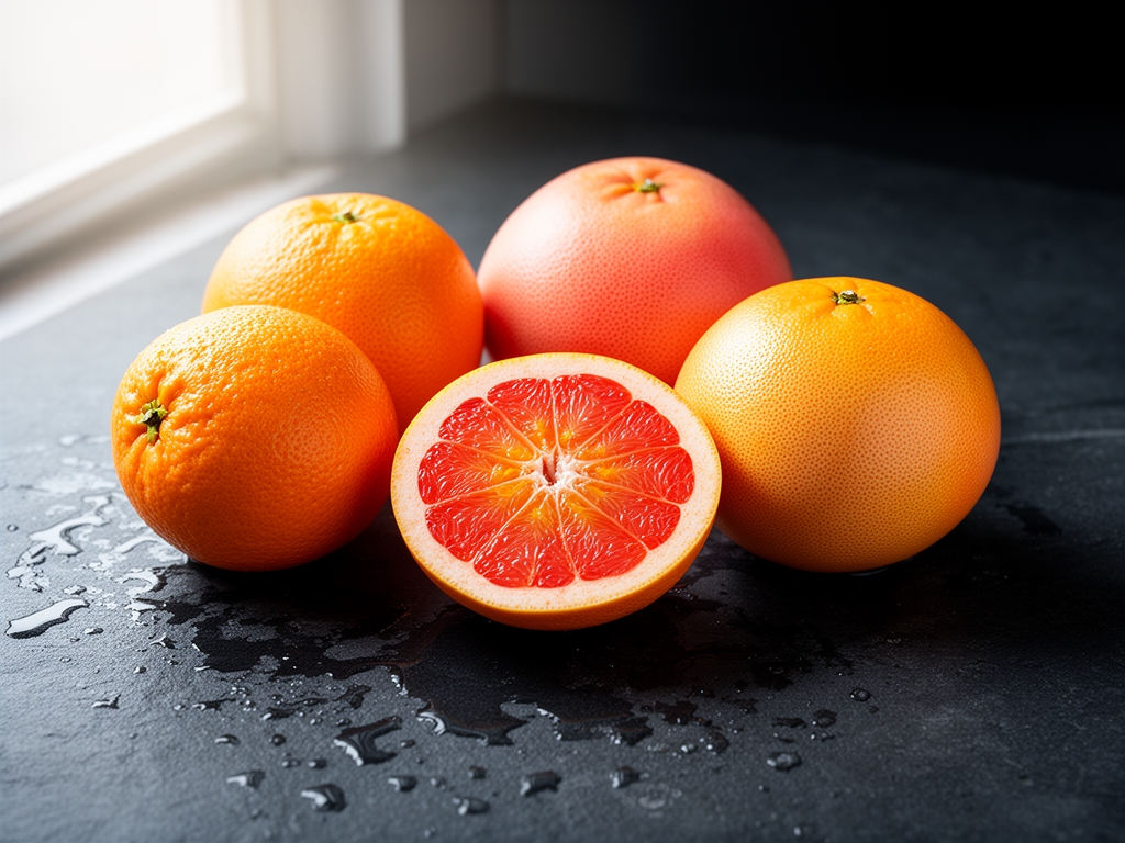 Čerstvě nakrájené citrusové plody – pomeranče a grapefruity – na tmavém kamenném podkladu, kapky šťávy, přirozené světlo přicházející z boku